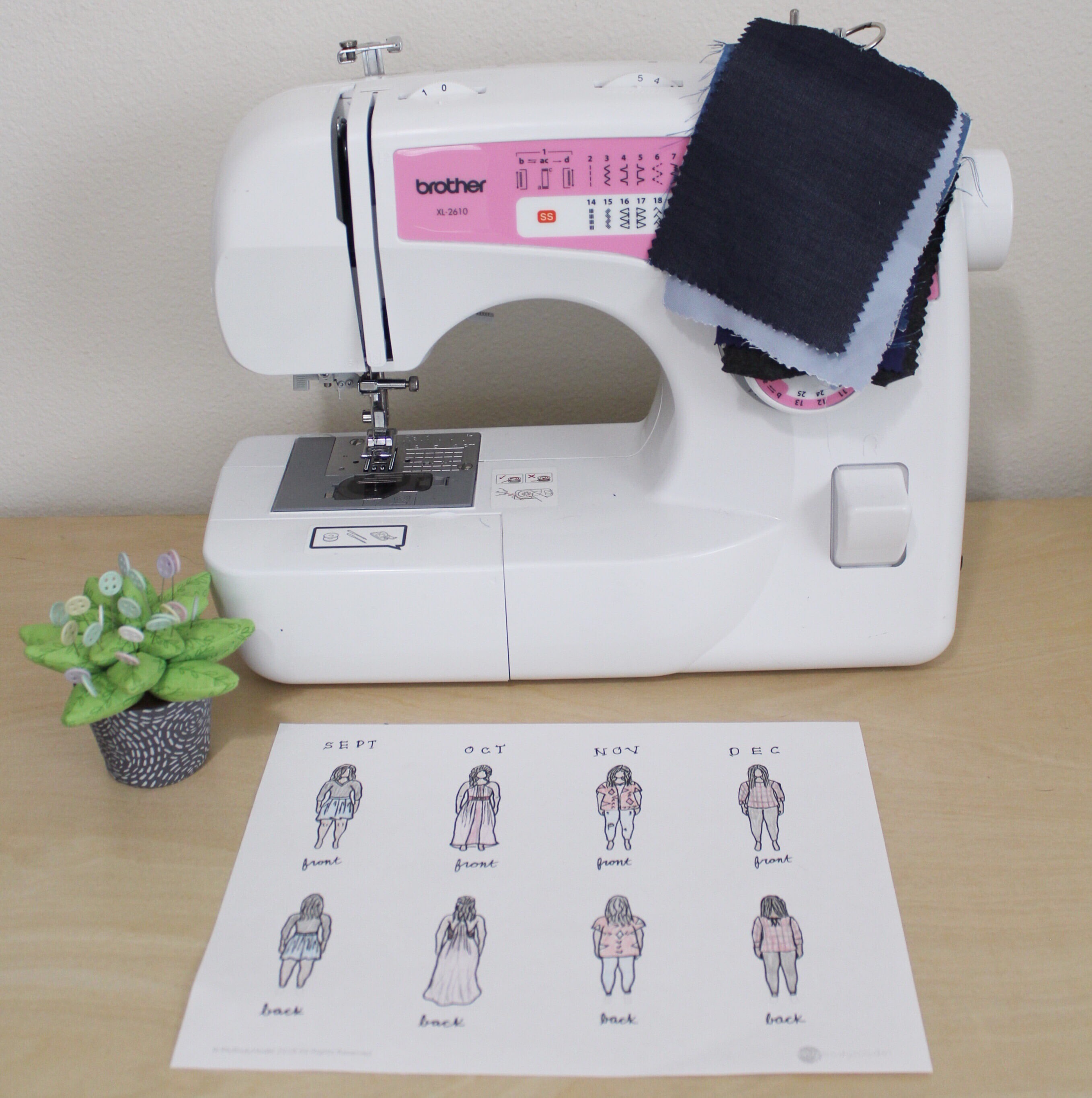 MyBodyModel Sewing Sketches with Sewing Machine and Fabric Swatches