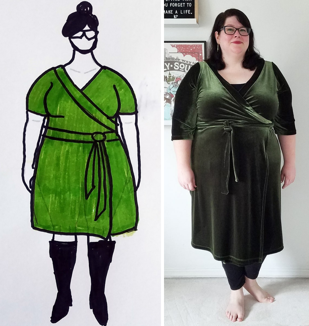 MyBodyModel Sketch to Finished Green Velvet Appleton Wrap Dress by Megan 