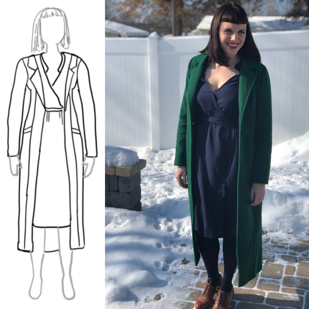 MyBodyModel Sketch to Finished Rumana Coat and Linda Wrap Dress by Sarah