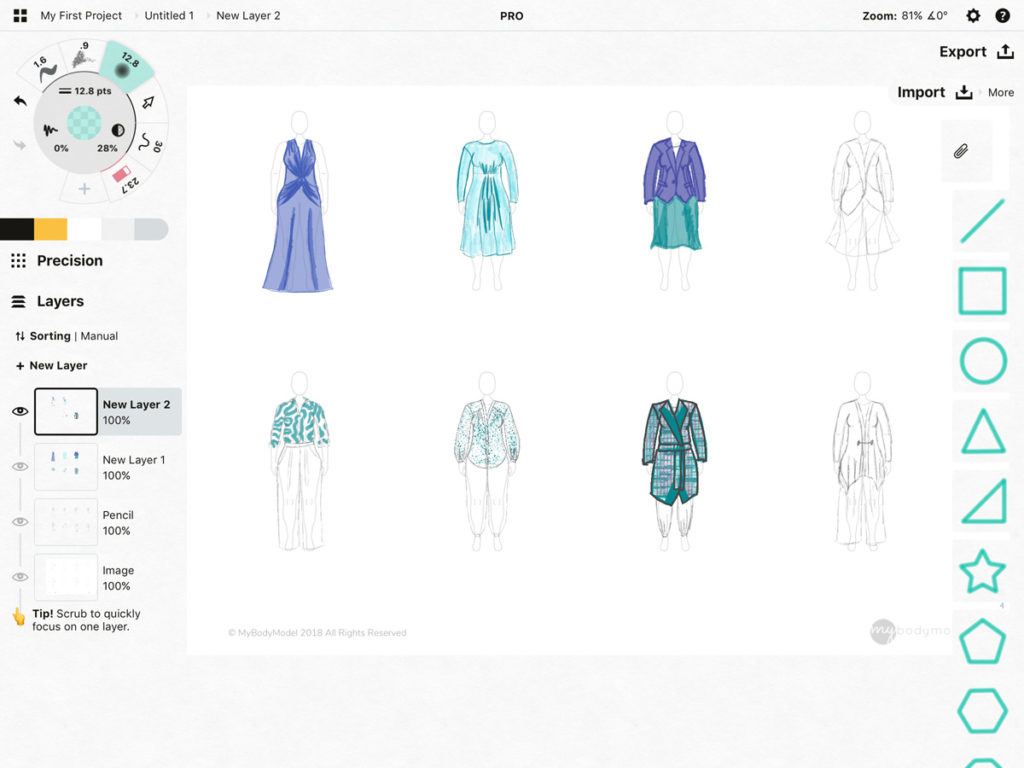 Examples of fashion sketches and the vector shape drawing tools which categorize Concepts with apps for fashion or architecture and design