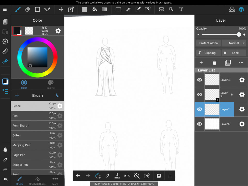 Display of fashion sketches and the  layers, color, and brush panels of Medibang Paint.