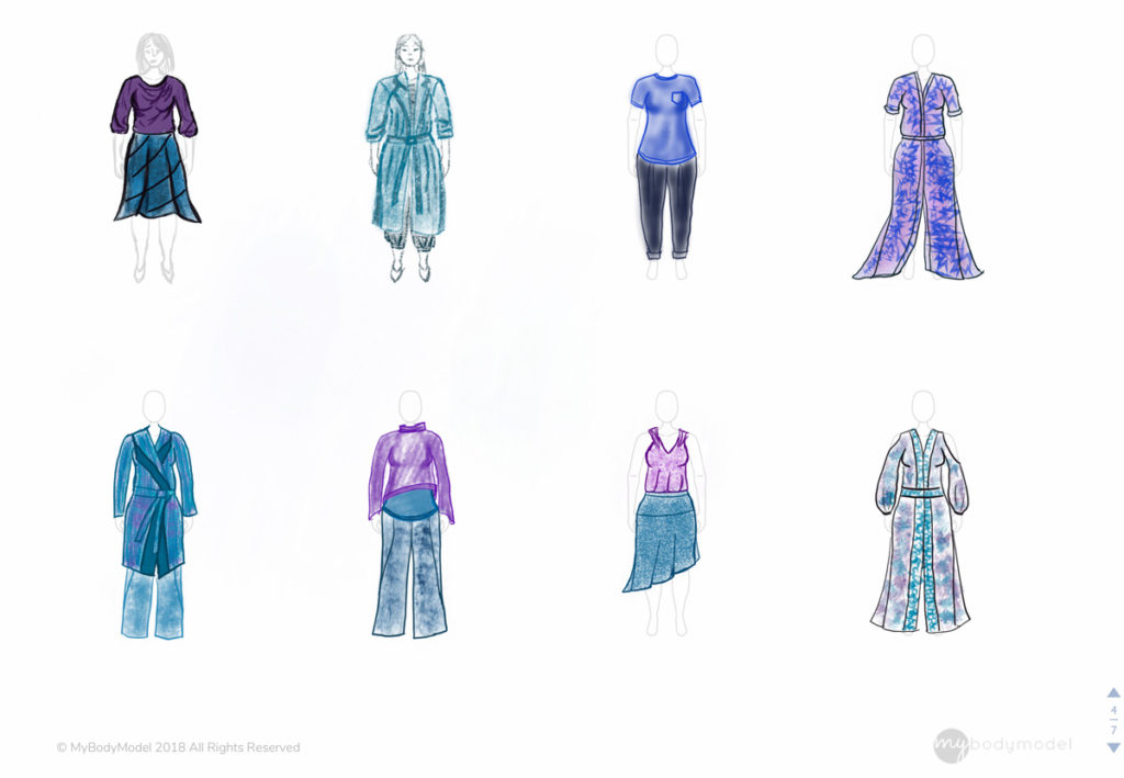 Examples of 8 finished fashion croquis illustrations with the MyBodyModel printable sheets