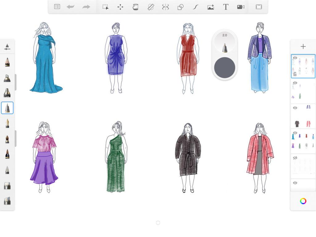 Examples of sketches and functional side panels displayed in Autodesk Sketchbook, one of the  apps for fashion illustration.