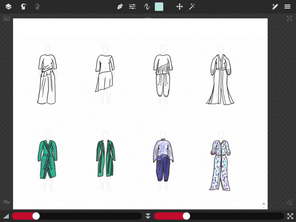 Display of fashion sketches on the simple Sketch Club interface