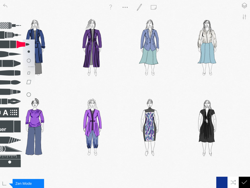 A display fashion sketches and the various accessible tools on the Tayasui Sketches interface.