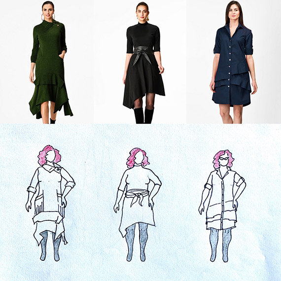 Three dresses - Online clothes shopping virtual fitting room with MyBodyModel by Julie - fashion drawings and modeled photo