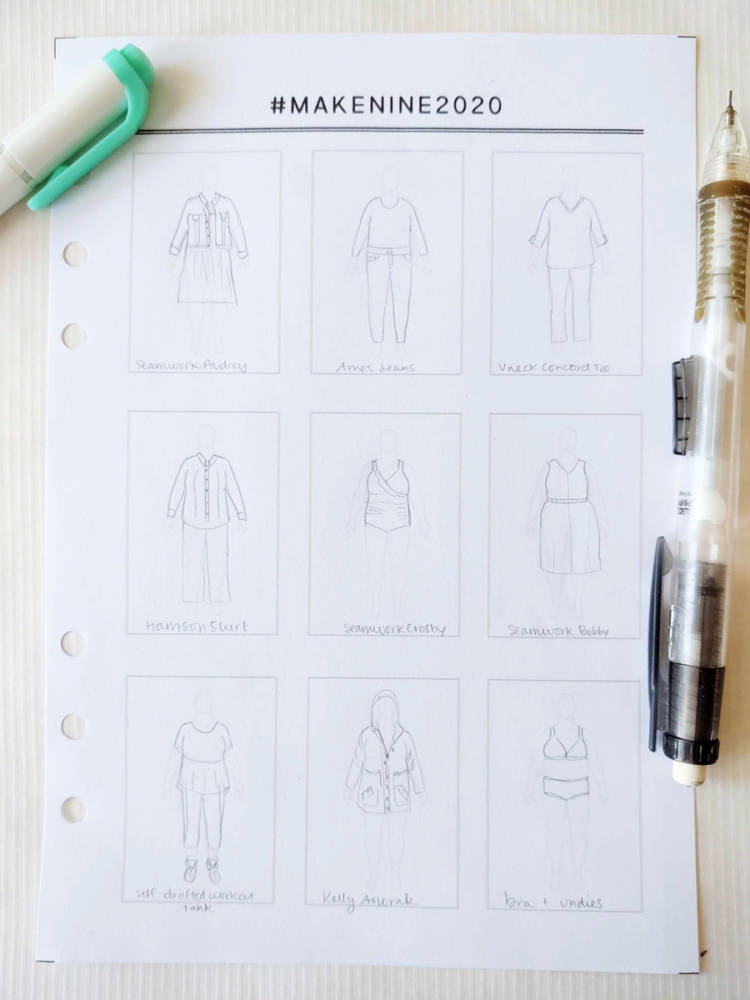 Elana's Make Nine 2020 #makenine2020 sewing patterns drawn on her custom croquis from MyBodyModel
