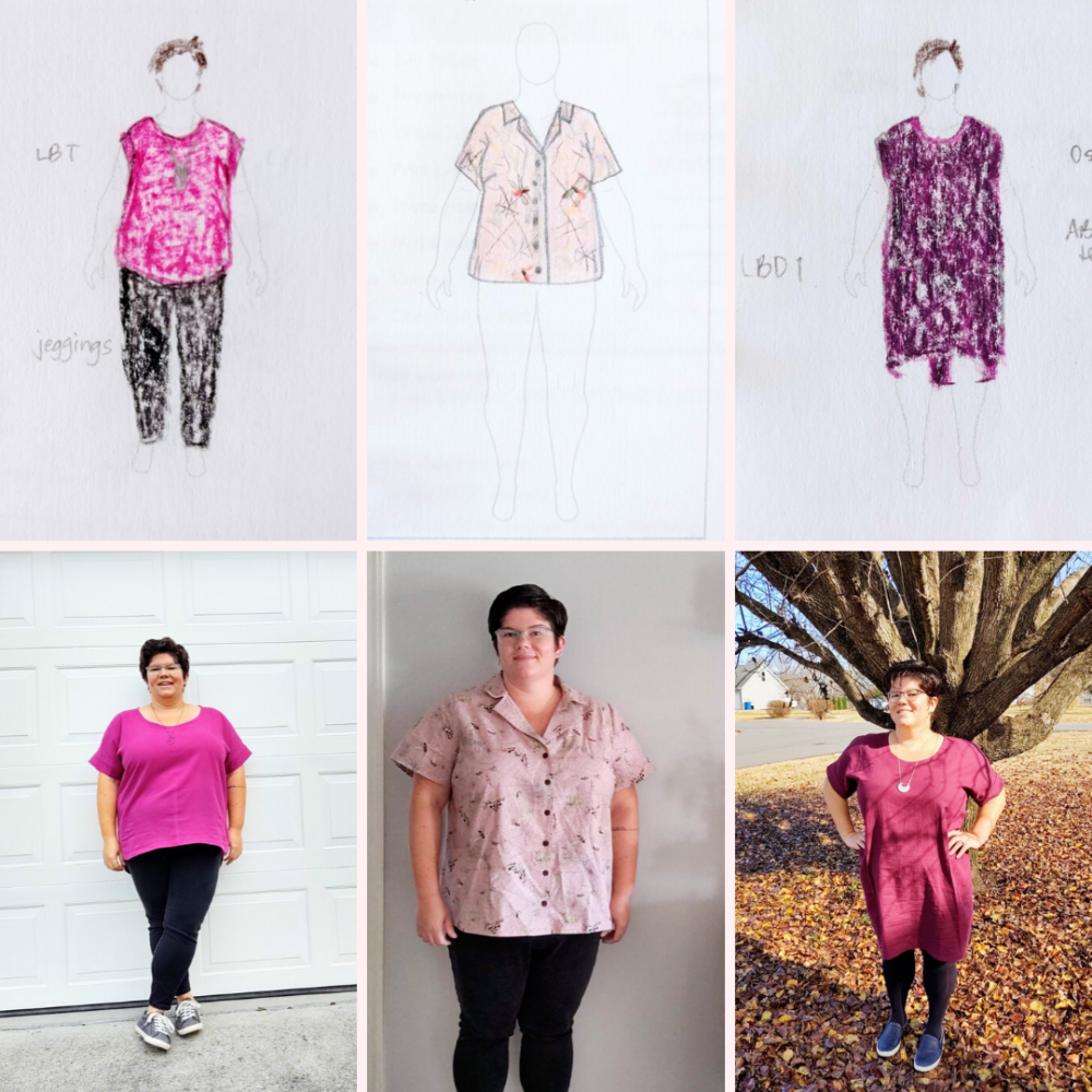 From MyBodyModel Sketch to Finished Make:  Elana's Sew DIY Lou box top in pink cotton gauze,  Seamwork Natalie button shirt in quilting cotton, and Sew DIY Lou Box Dress 1 in plum linen/rayon. 