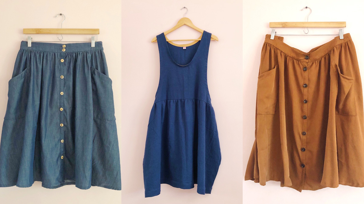 Whitney's handmade fall capsule wardrobe includes 3 bottoms: two Sew Liberated Estuary Skirts: one in a lightweight indigo tencel chambray, and the other in a medium-weight camel-colored tencel twill. And Helen’s Closet York Pinafore (with the gathered skirt hack from Helen’s blog) in an indigo Brussels washer linen-rayon blend. 