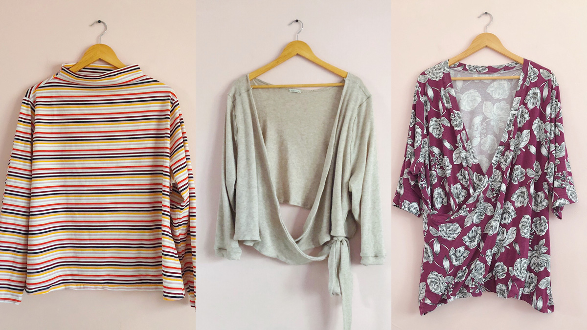 Whitney's Fall capsule wardrobe includes 3 Cozy knits: a Seamwork Ace in a retro striped cotton jersey, a Seamwork Elmira wrap sweater in an oatmeal faux cashmere sweater knit, and the Cashmerette Dartmouth cross-front tee in a plum floral rayon jersey.