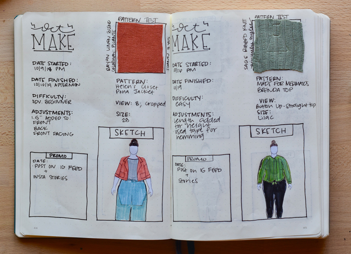 Sample bullet journal MyBodyModel sewing tracker page - Helens Closet Pona Jacket and M4M Brenda Top