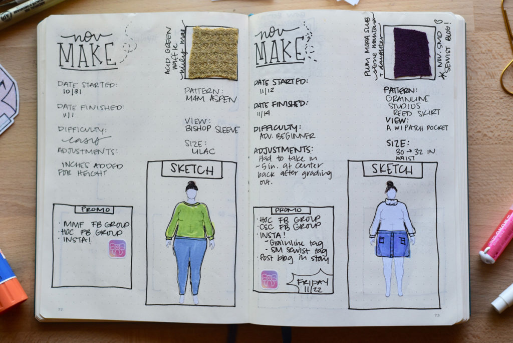 Sample bullet journal MyBodyModel sewing tracker page
- M4M Aspen Tee and Grainline Reed Skirt