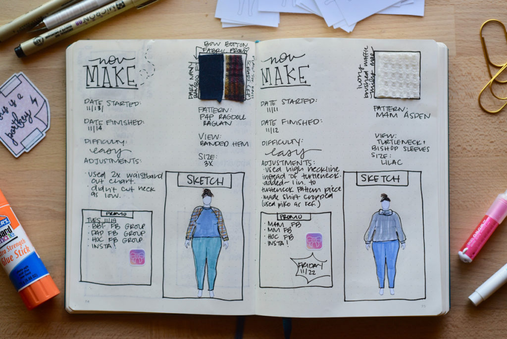 Sample bullet journal MyBodyModel sewing tracker page - P4P Ragdoll Raglan and M4M Aspen tee