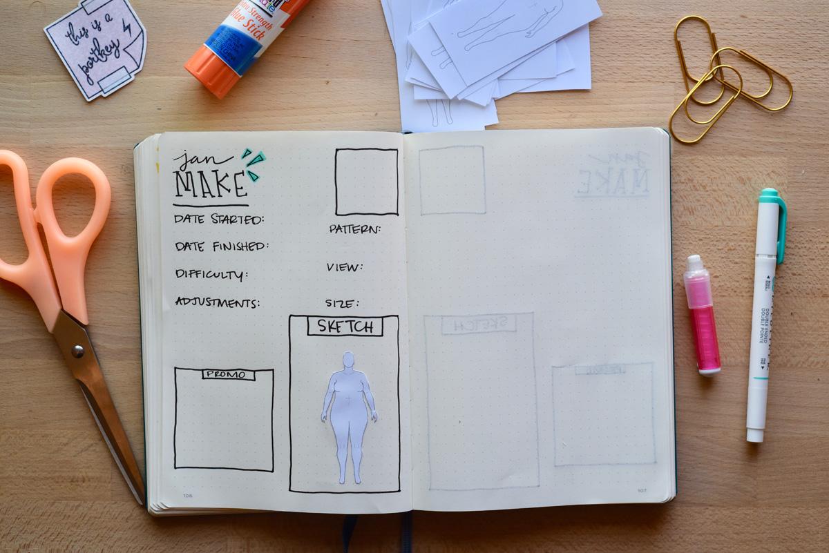 Sample bullet journal sewing tracker page - blank spread setup with MyBodyModel croquis