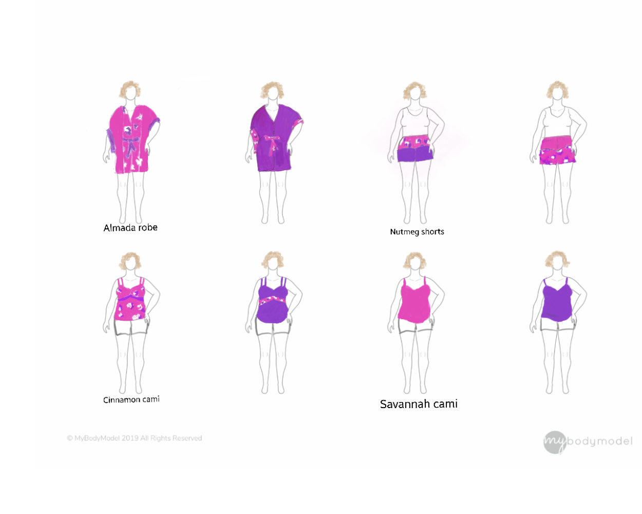 Digital fashion drawing on MyBodyModel 8-croquis per page template: Mini capsule loungewear collection including Almada robe, Nutmeg shorts, Cinnamon cami, and Savannah cami