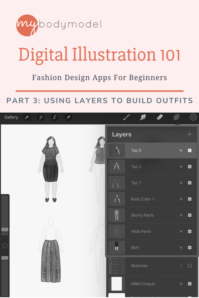 In Fashion Design Apps for Beginners Part 3: Using Layers to Build Outfits, Doctor T creates a mix & match summer capsule wardrobe on her custom fashion croquis with the iPad Pro sketch app Procreate.