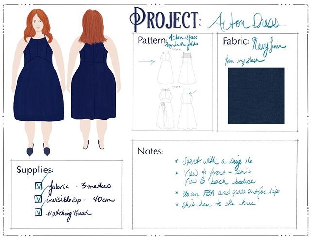 Sewing project planner with front and back view clothing drawings of Acton Dress by In The Folds on MyBodyModel custom body positive croquis, fabric sample, pattern view line drawings, supplies list, and design notes.