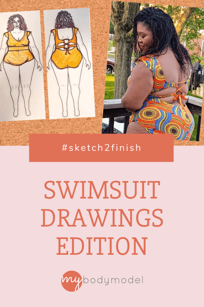 #Sketch2Finish: Swimsuit Drawings Edition by Martha for MyBodyModel
Model in Laura Swimsuit, Tankini, and Dress pattern by 5 out of 4 alongside corresponding swimsuit fashion sketches on custom body positive fashion croquis by MyBodyModel