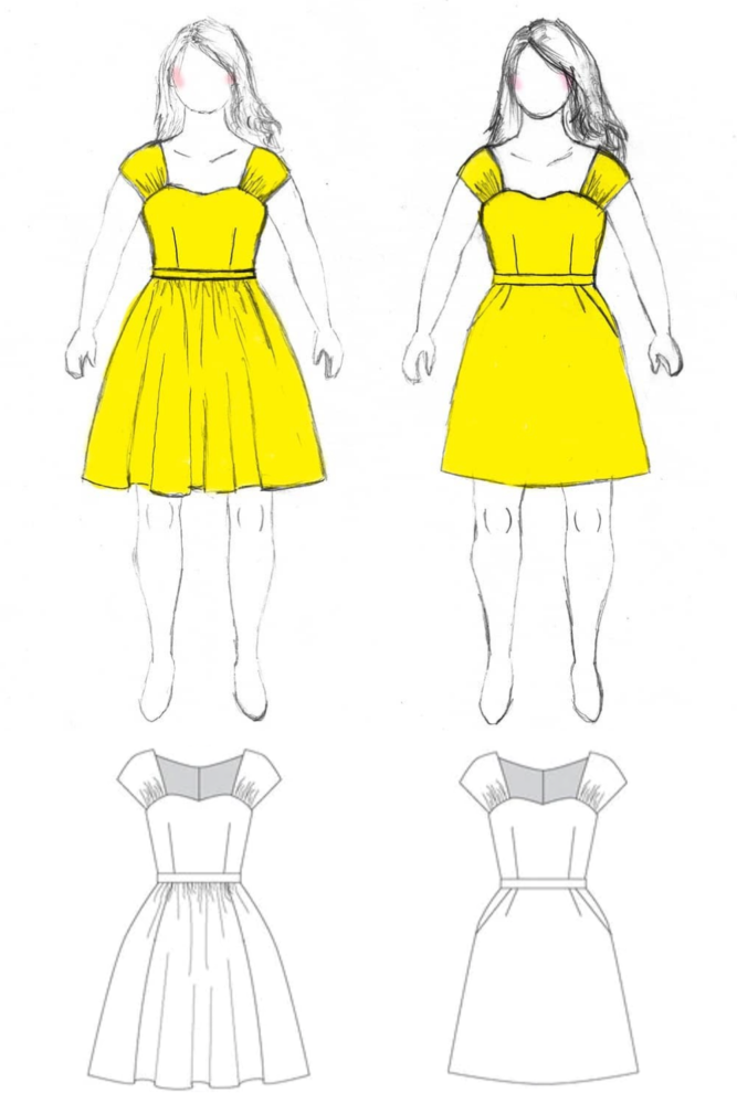 Digital fashion drawings of yellow Cambie Dress by Sewaholic Patterns on MyBodyModel custom body positive fashion croquis and line drawings for View A and View B of dress pattern.