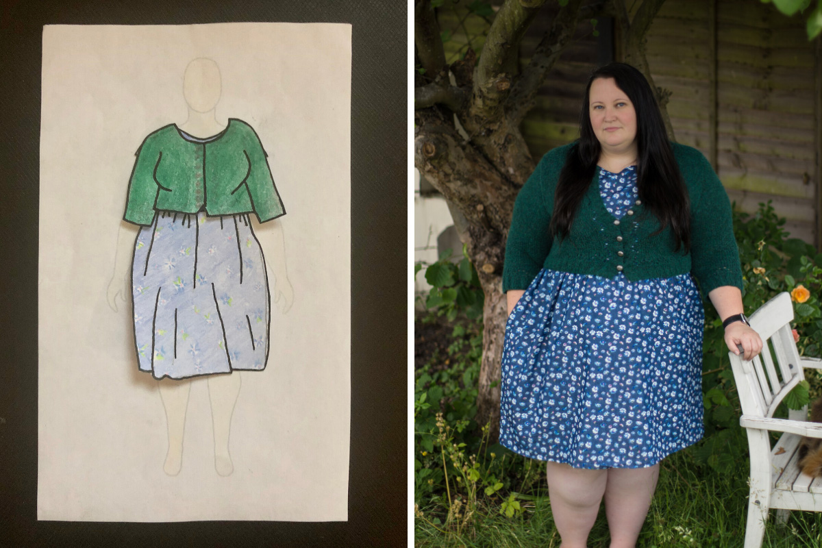 My completed green Crumb cardigan by Andi Satterlund, from sketch to finish! Victoria tried on outfit combinations with MyBodyModel paper doll and loved how it would look with this blue Montana Midi Dress by Style Arc.