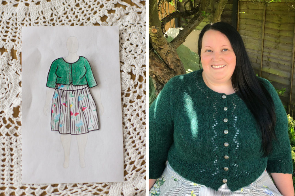 My completed green Crumb cardigan  by Andi Satterlund, from sketch to finish! Victoria tried on outfit combinations with MyBodyModel paper doll and loved how it would look with this printed dress.