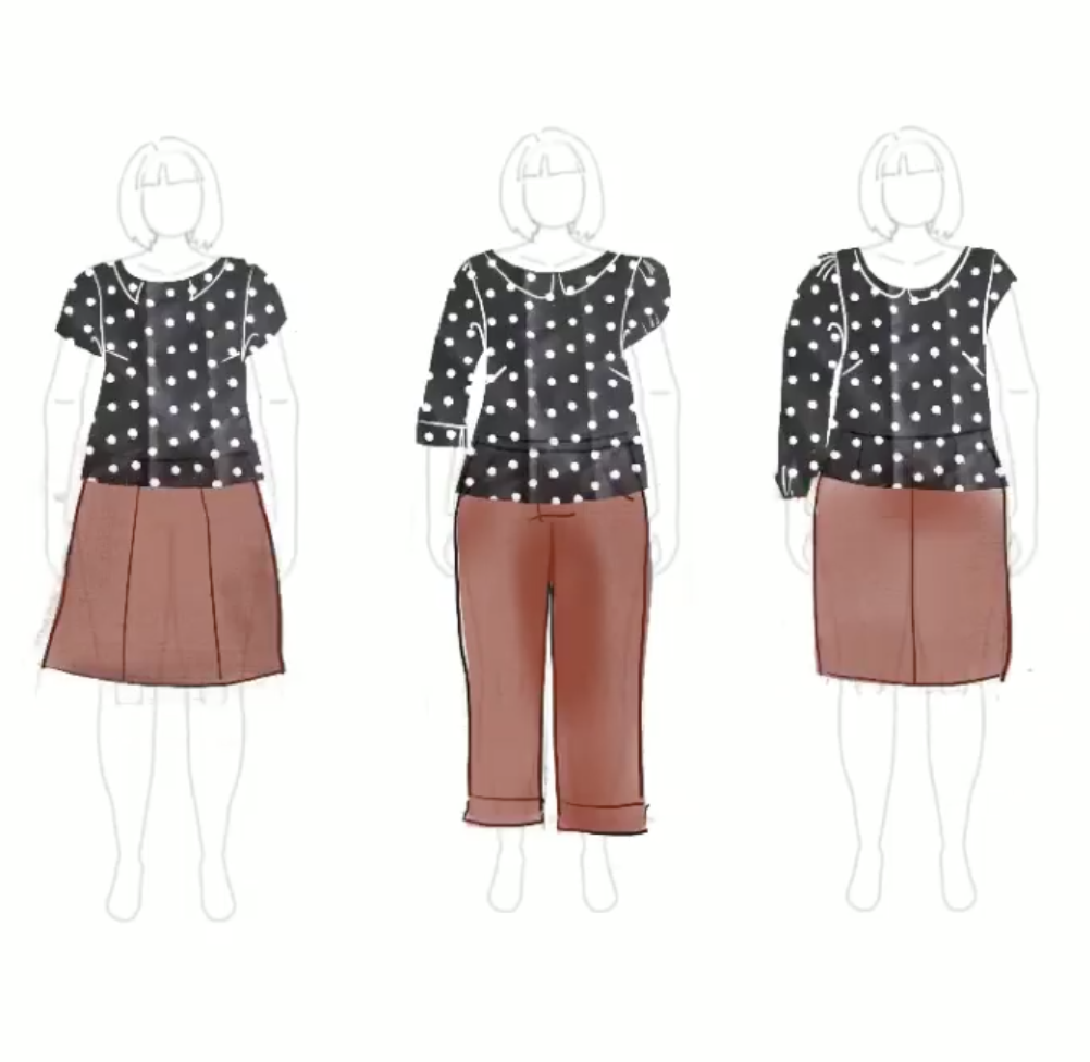 Digital fashion drawings of rust colored bottoms and a black and white polka dot shirt with three various of sleeves and collars on MyBodyModel custom body positive fashion croquis.