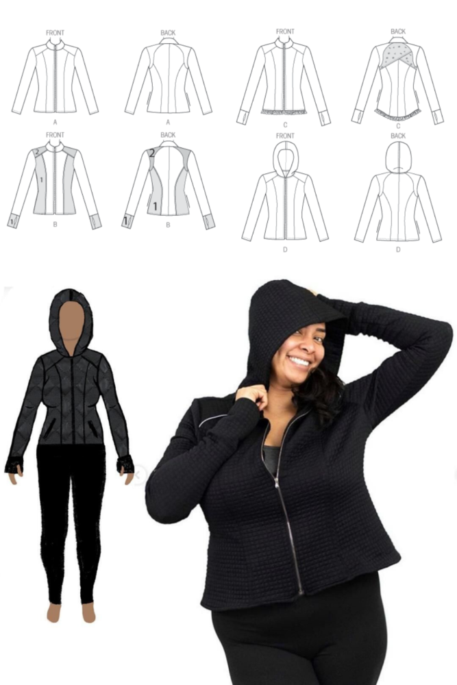 Syreeta models her completed M7026 athletic jacket by McCall's alongside digital fashion drawing on MyBodyModel custom body positive fashion croquis and four pattern views.