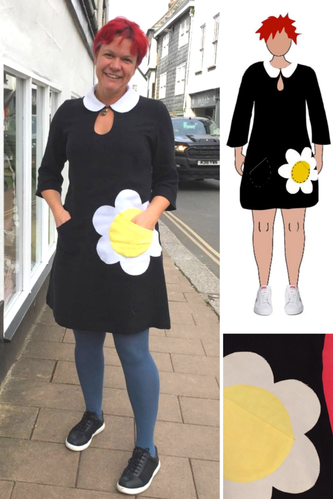 Bess models her Quant-style dress by Alice & Co with flower pocket alongside digital fashion drawing on MyBodyModel custom body positive fashion croquis and image of flower pocket detail.