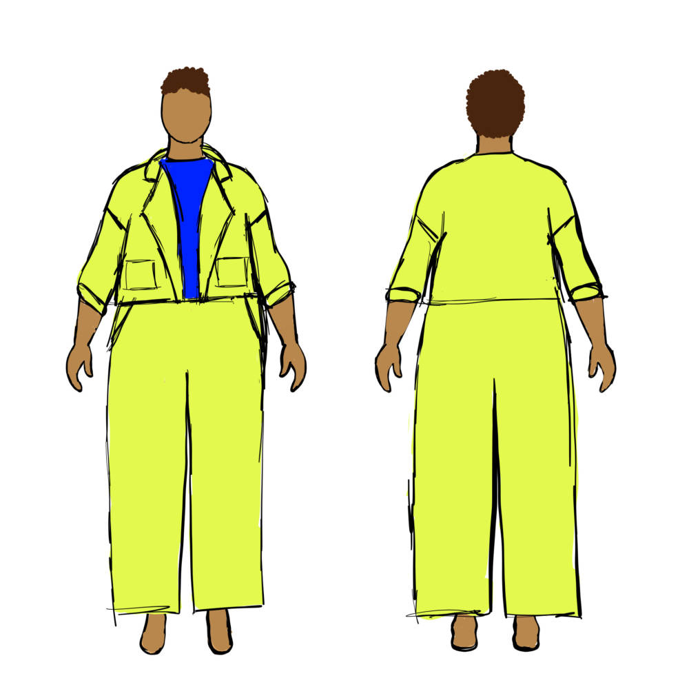 Digital fashion drawings of front and back view of neon Pona Jacket by Helen's Closet and Glebe Pants by Muna and Broad
on MyBodyModel custom body positive fashion croquis.