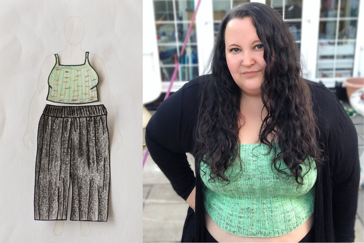 Victoria's completed knitted crop top in mint green, from sketch to finish! This is the My Little Secret Crop Top by Jessie Mae.  Drawing knitting project ideas on MyBodyModel paper doll helped ensure a successful project that would look and feel like her. 