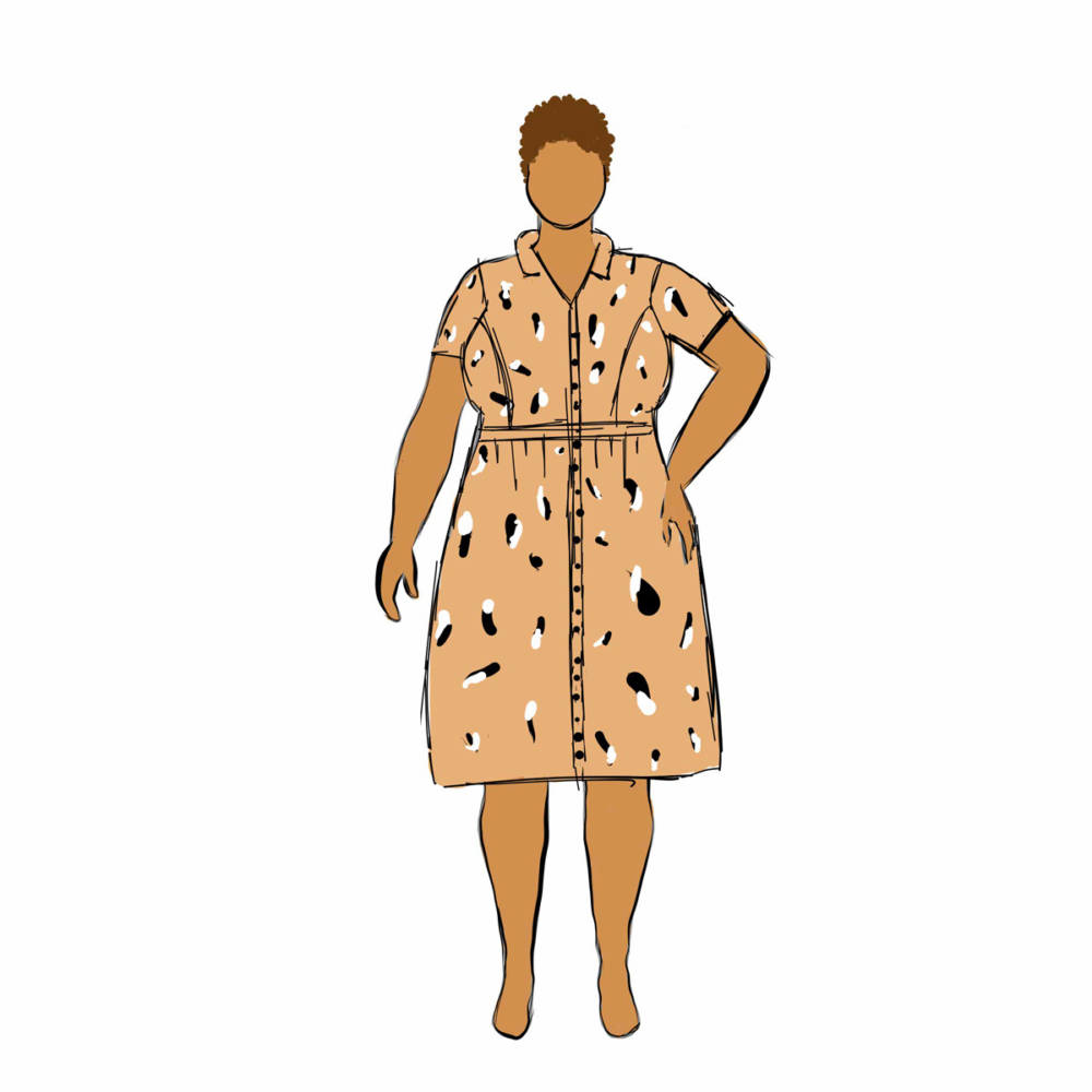 Digital fashion drawing of cheetah print Lenox Shirtdress by Cashmerette on MyBodyModel custom body positive fashion croquis.