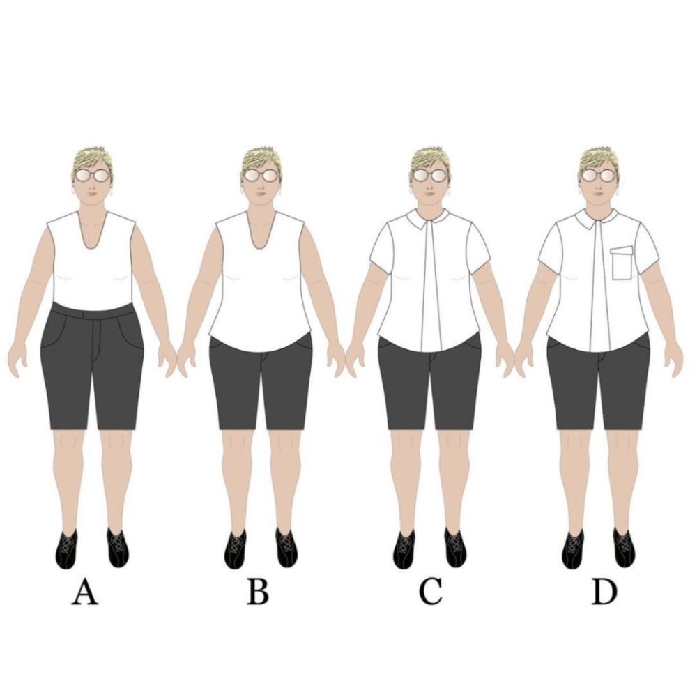 Digital fashion drawings of Simplicity 8056 bottoms and variations of Kyla by Tina Givens or a self-drafted top on MyBodyModel custom body positive fashion croquis.