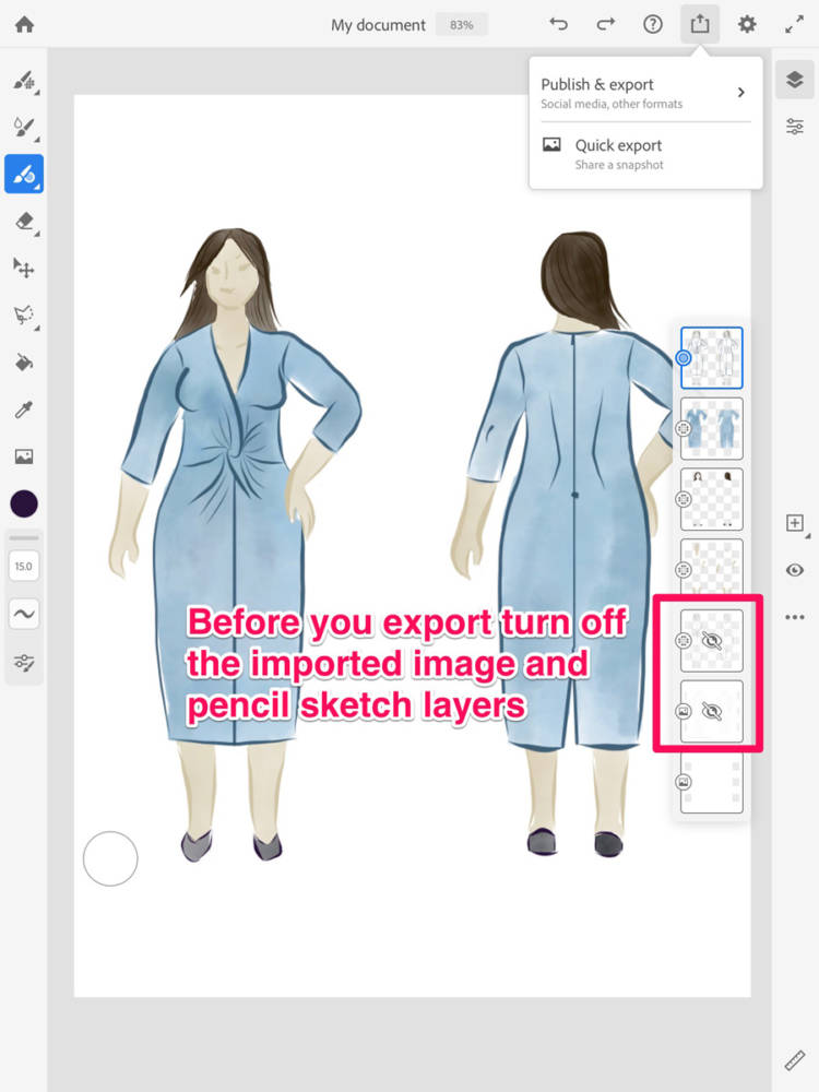 This shows the screen displaying location to turn off the imported image and sketch layers before exporting an image in fashion design apps, with a sample sketch on my body model croquis, using Adobe Fresco.