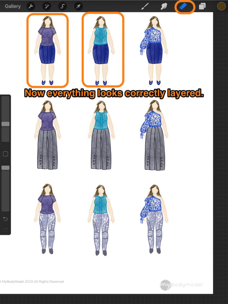 Interface displaying correctly layered finished layers in apps for fashion design sketching