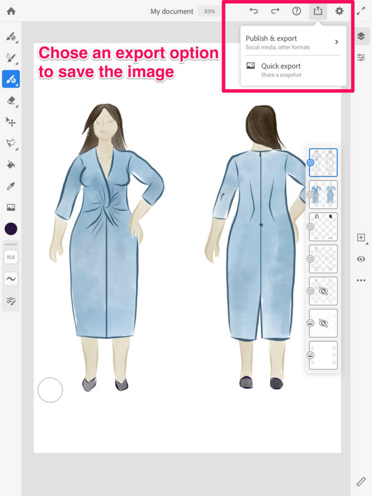 This shows my screen display of buttons for exporting and saving a finished image, with a sample sketch on my body model croquis, part of a step by step tutorial of using fashion design apps like Adobe Fresco.