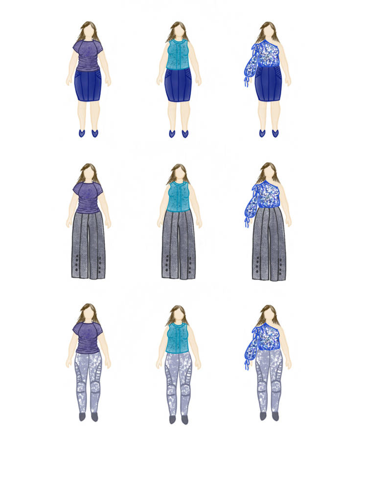 Nine finished fashion drawings created by apps for fashion design sketching