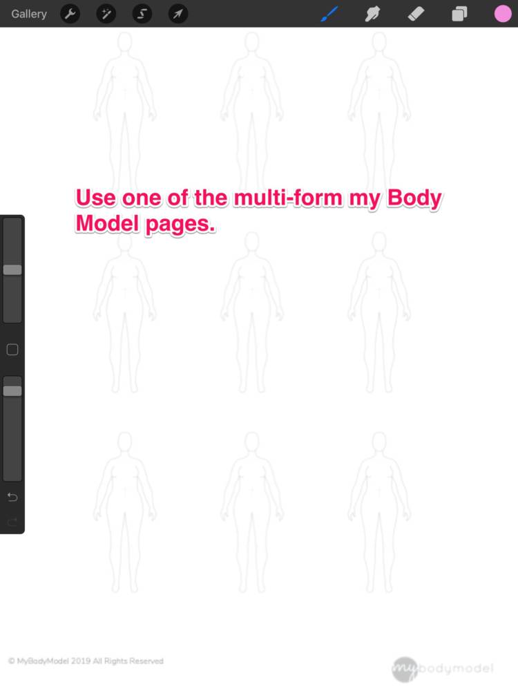 Interface displaying a 3x3 layout MyBodyModel fashion croquis page to be used with apps for fashion design sketching