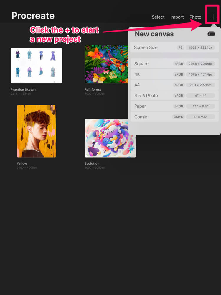 Procreate interface highlighting the addition symbol used to start a new project