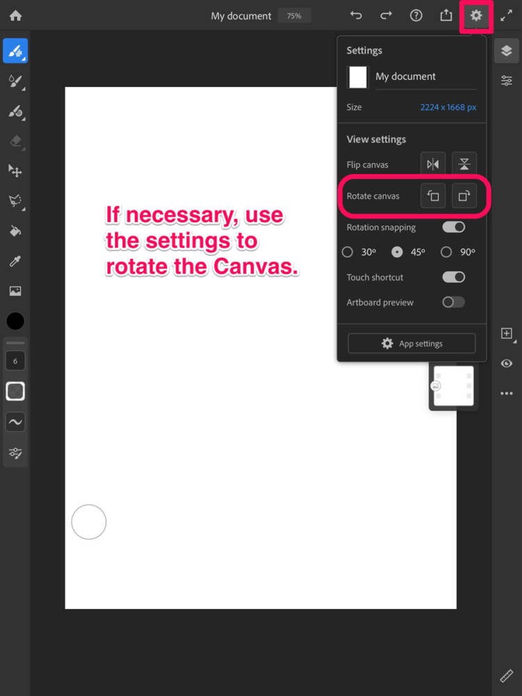 How to rotate the canvas: Adobe Fresco interface displaying settings for canvas rotation.