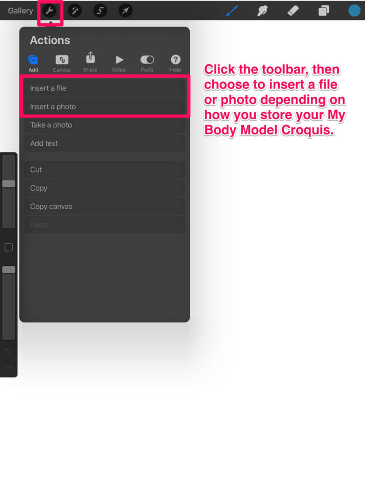 Interfacing displaying toolbar used to insert a file or photo of a fashion croquis used in apps for fashion design