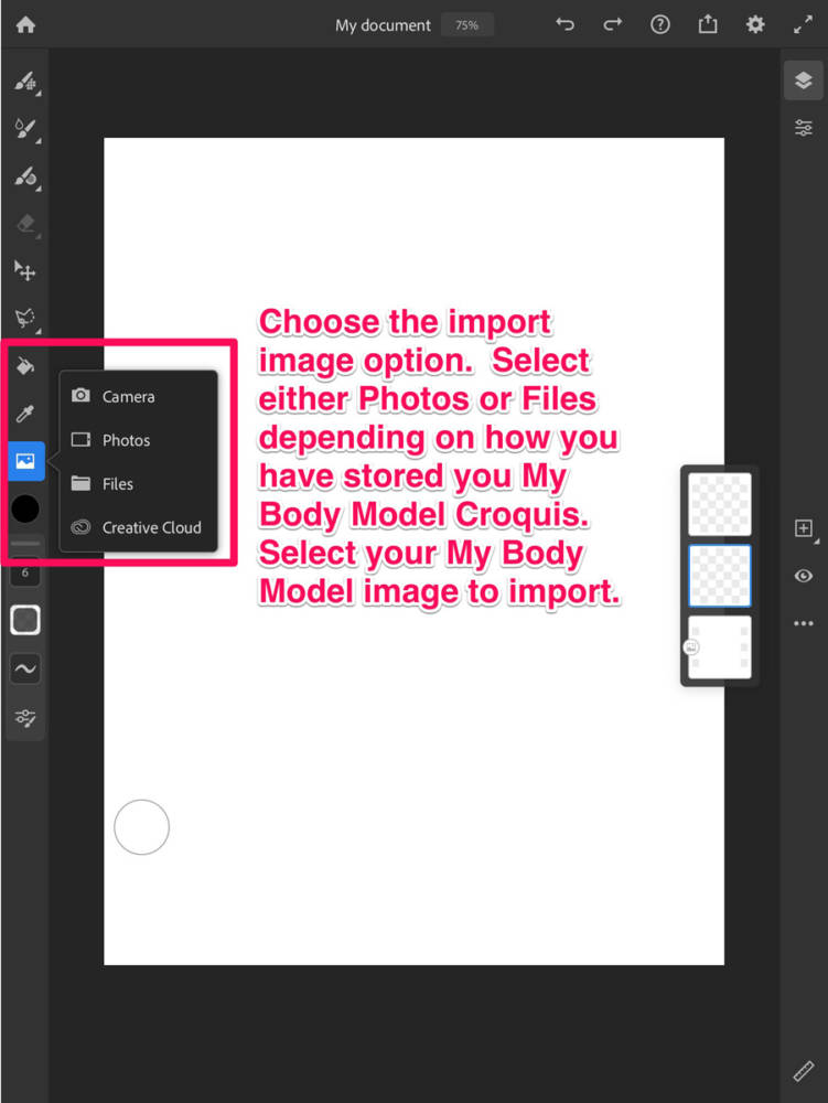 How to import your image: Inferface displaying the import image feature in Adobe Sketch 