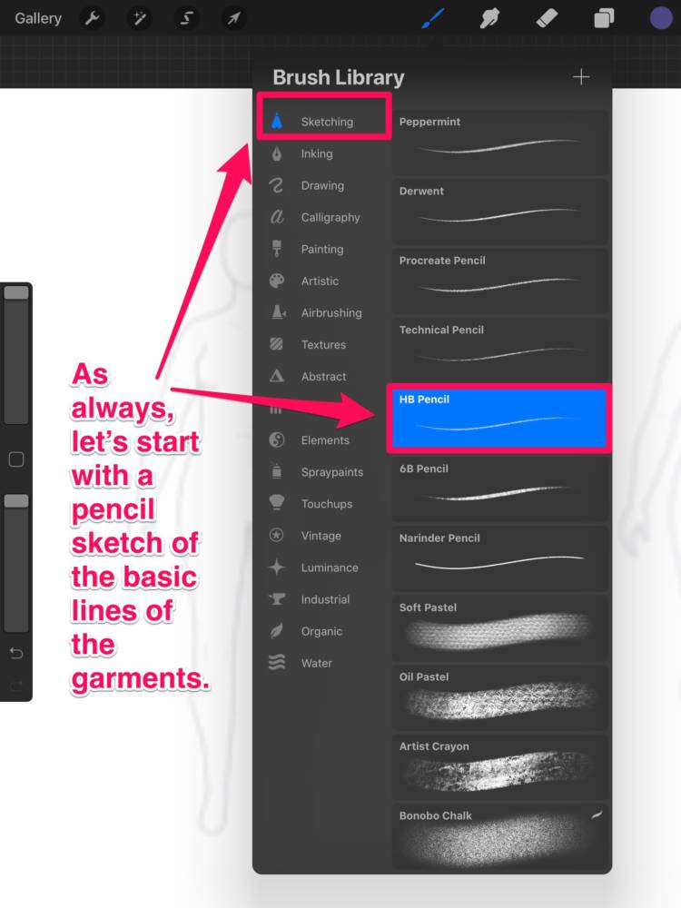 Interface displaying the Brush Library used to access tools like the HB Pencil used for initial clothing sketches in apps for fashion design sketching