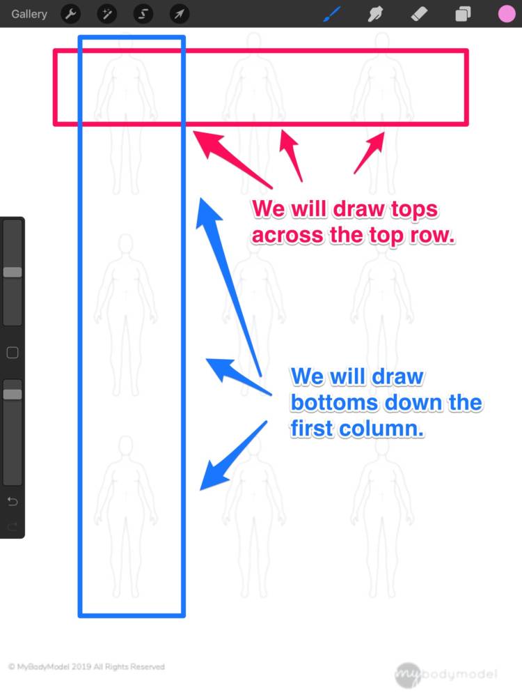 Interface highlighting the top row for drawing tops and the first column for drawing bottoms