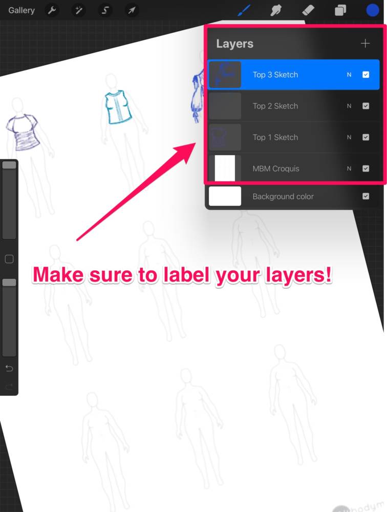 Interface displaying the labelling of layers in apps for fashion design sketching