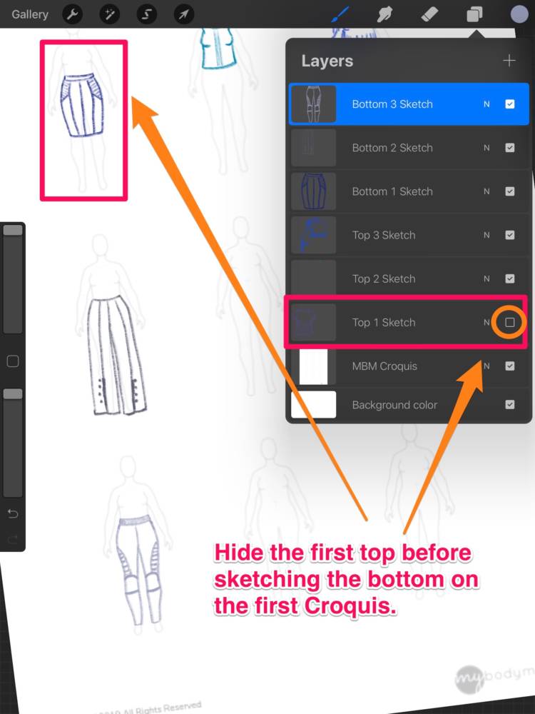 Interface displaying clothing sketches on the top row and first column of the MyBodyModel body template page