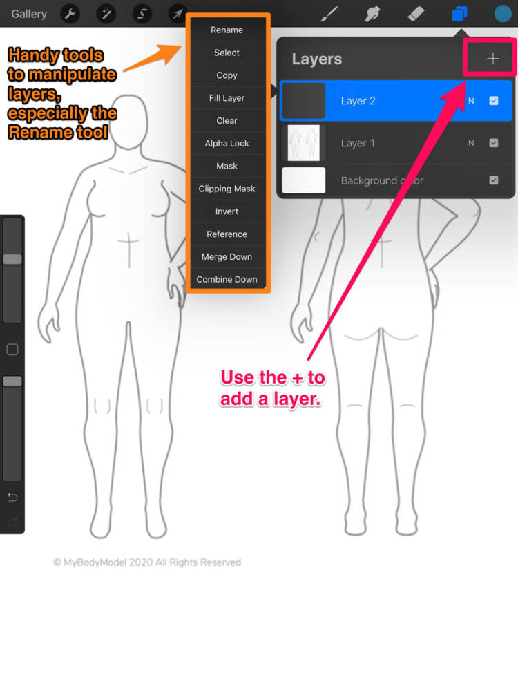 Interface displaying the tools used to add, manipulate, and rename layers in Procreate