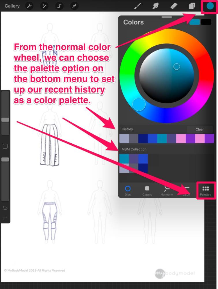 Interface displayaing the selection of a color from the recent history section of the Color selection tool