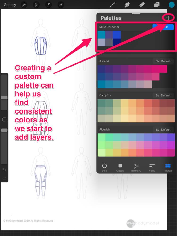 Interface displaying the a created custom color palette in the Procreate drawing app