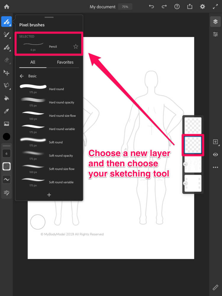 How to choose brushes: This is the interface displaying the various pixel brushes, with a sample sketch of my MyBodyModel fashion croquis using Adobe Fresco.