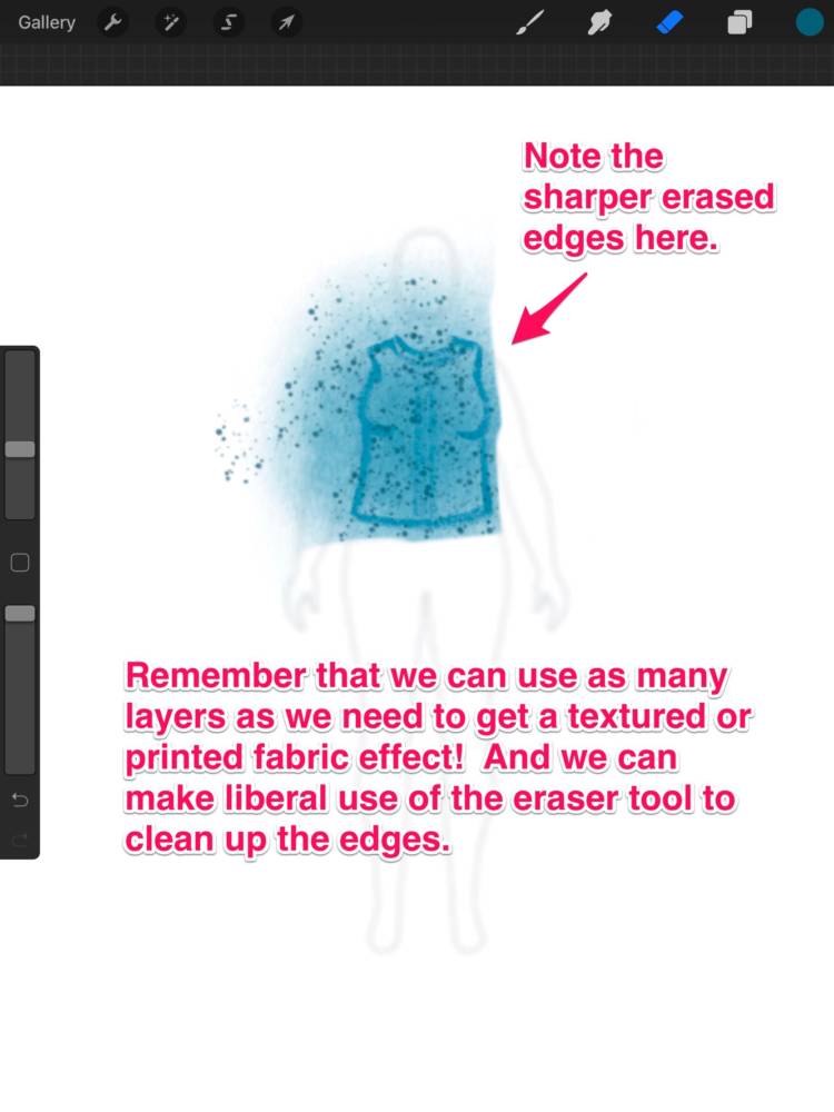 Interface displaying a clothing ideas drawing with layers to get a textured or printed fabric effect and the eraser tool on one fashion croquis 
